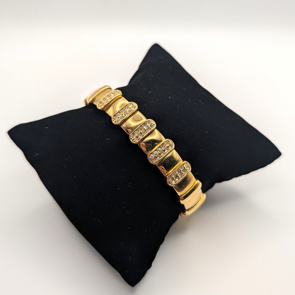 Gold Tone Pave Crystal Ribbed Cuff Bracelet Statement Jewelry